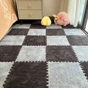 12pcs Carpet Squares Puzzle Floor Mat Plush Interlocking Tiles Anti Slip EVA Foam Jigsaw Mats for Bedroom Playroom Grey Black