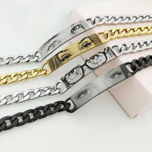 Customized Eye Engraving Couple Bracelets Stainless Steel Flat Oval Chain Punk Chic Style Gold Silver Black for Valentine's Day Anniversary Gifts