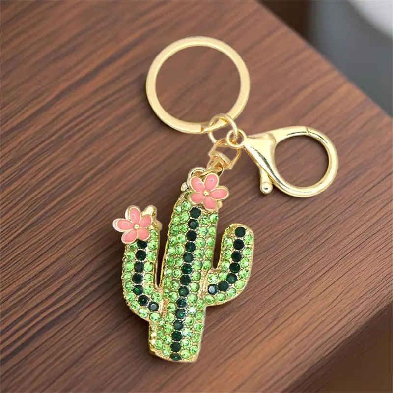 Women's Casual Zinc Alloy Geometric Cactus Keychain - Rectangular Bag Charm with Sparkling Rhinestones, Handmade Floral Blush Pink Accent, Unique Women's Fashion Accessory, Metal, One Size