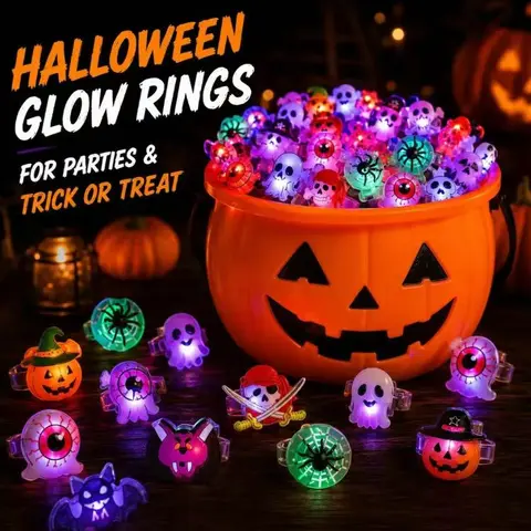 50 Pcs Unisex Glow-Flashing LED Rings, Kids' Halloween Festive Party Favors, Goody Bag & Basket Stuffers Gifts