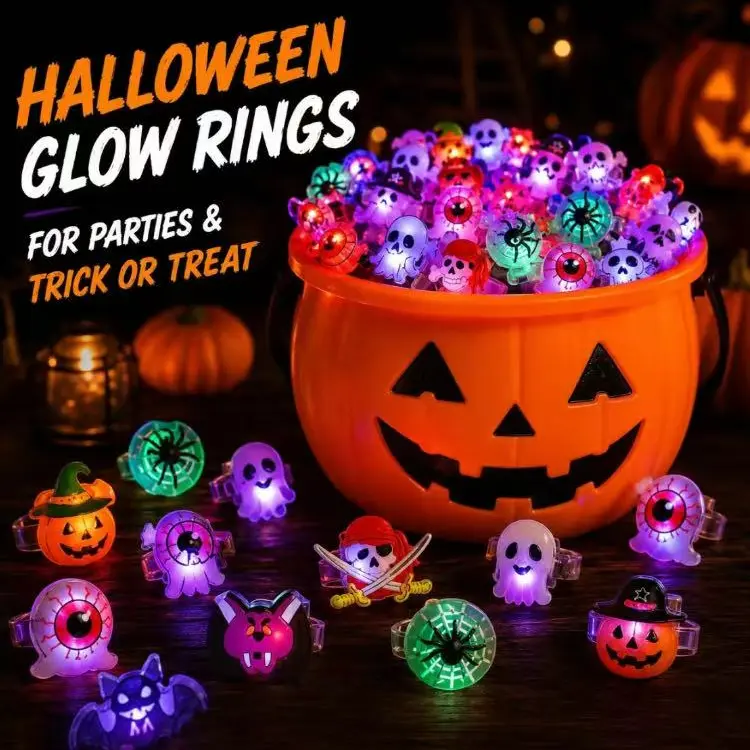 50 Pcs Unisex Glow-Flashing LED Rings, Kids' Halloween Festive Party Favors, Goody Bag & Basket Stuffers Gifts