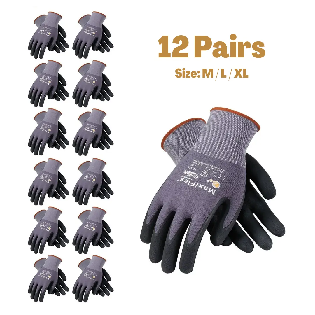 6 - 12 - 24 Pairs MaxiFlex Work Gloves – Guantes Para Trabajo MaxiFlex – Micro-Foam Nitrile Coated – Breathable, Durable, Anti-Slip for Construction, Gardening