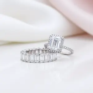 Halo Emerald Cut Ring & Diamond Option Wedding Band Set