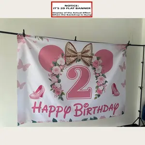 2D Flat Banner 1pc, , 2Nd Birthday Banner Pink Minnie Theme with Flowers Golden Bow Princess Shoes Decoration High - Definition Pattern Suitable for Birthday Party Living Room Bedroom Garden Decoration Photo, Photo