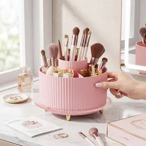 360 Degree Rotatable Makeup Brush Organizer, 5-Grid Desktop Cosmetic & Nail Tool Storage Holder, Practical Desk Decor & Sweet Festival Gift