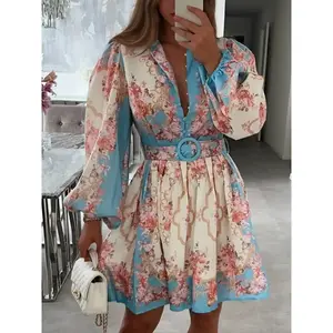 Women's Floral Print Woven Breathable Belted Dress, Elegant Lantern Long Sleeve Dress for Spring & Fall, Women's Clothing for Daily Wear