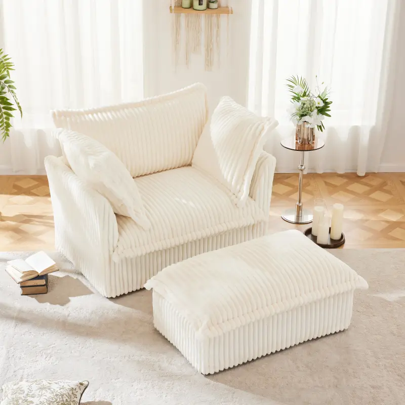 [AURA] Upholstered Slipcovered Armchair with Ottoman,  Deep Seat Armchair W/ Wide Ottoman for Living Room, Armchair Sets with Large Soft Pillows(Set of 2), Cream Corduroy Fabric cozy furniture