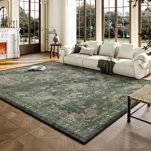 Green Persian-style living room rug; a large, exquisitely patterned rug made of faux cashmere material. Soft and comfortable, slip-resistant and durable, machine washable. Suitable for living rooms, bedrooms, dorm rooms, entryway mats, and home decor.