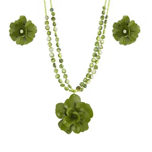 3pcs Retro Flower Jewelry Set Beaded Neck Chain Flower Pendant+Same Series Earstuds Available in Two Colors (Green/Dark Brown) Bohemian Style Jewelry durable accessory