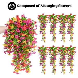 8 PCS Faux Silk Daisy with Eucalyptus Leaves, Artificial Fake Hanging Flowers Plants, Artificial Flower Arrangements for Outdoor Autumn Decoration,UV Resistant Look Real Long Trailing Vines for Outside Home Indoor Planter Porch Patio Balcony Yard Decor