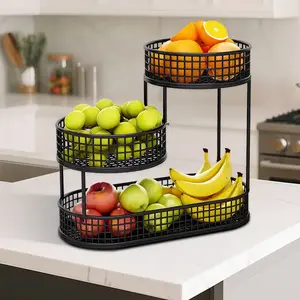 3-Tier Black Metal Kitchen Fruit Basket Organizer with hook, Rust-Resistant Tiered Countertop Storage for Fruits & Vegetables, Space-Saving Kitchen Counter Rack outdoorfun