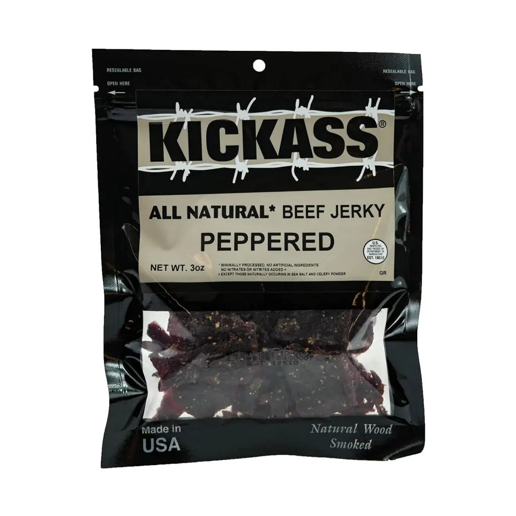 Kickass All Natural Peppered Beef Jerky 3oz - 6 Bags High Protein Snack Made in USA Natural Wood Smoked Tender Savory Flavor