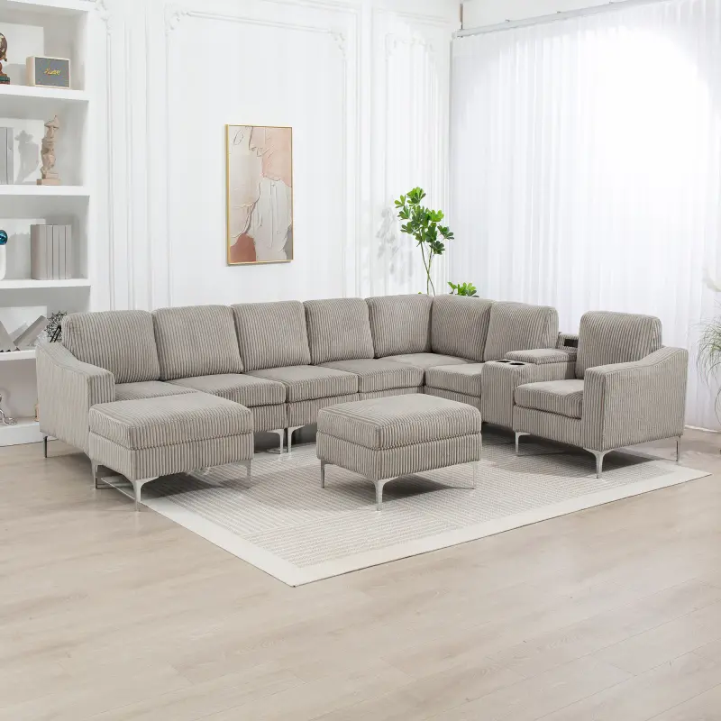 Convertible Sectional Corduroy  Sofa with Storage Ottoman,Cupholders, USB Ports for Living Room Apartment,Gray