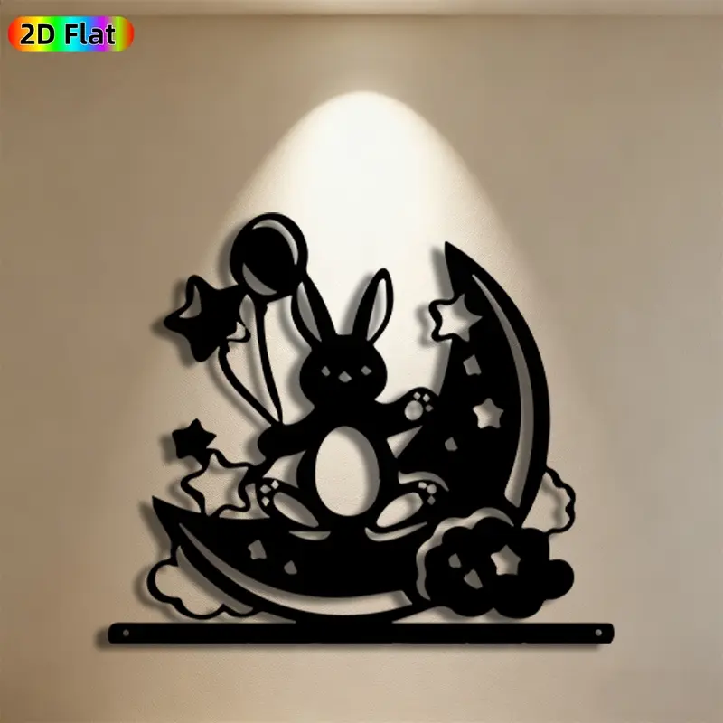 1pc Rabbit & Moon Metal Wall Art, Enchanting Rabbit & Moon Statue Mural, Ideal Gift for Easter, Children's Day, Fantasy Decor Enthusiasts, Weather-Resistant Metal Wall Decor , Perfect for Bedroom Wall & Garden Fence, Magical Space Themed Home Accent