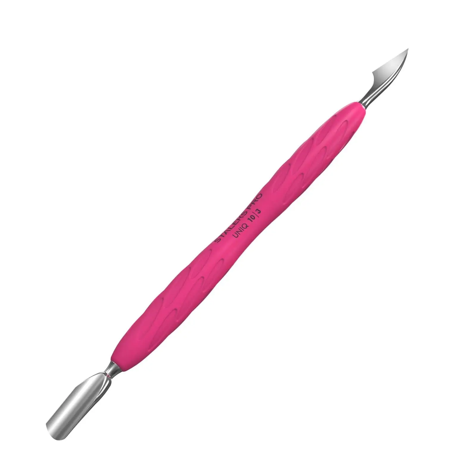 Staleks Manicure pusher Gummy with silicone handle UNIQ 10 TYPE 3 – Stainless Steel – Professional Cuticle Tool (rounded narrow pusher and cleaner)