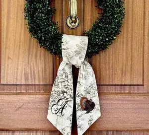 Personalized taupe toile Thanksgiving wreath sash, custom monogram turkey swag, Grandmillenial style fall porch decor, Autumn front door bow