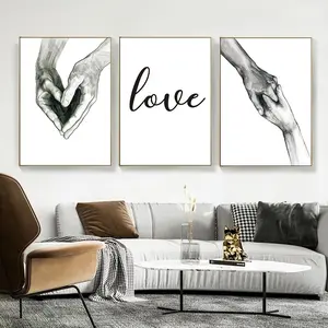 3 Nordic Style Decorative Paintings - Black and White Hand-in-Hand Wall Art - Suitable for Living Room and Hallway - No Frame