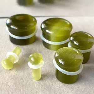 PAIR Peridot Green Cat Eye Stone Plugs Single Flare Tunnels Earlets Gauges