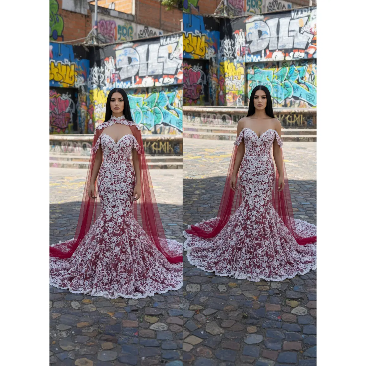 Lilith White and Dark Red Wedding Dress with the Cape , Gothic Dark Red Mermaid  Trumpet Wedding Dress, See Through White and Red Gown