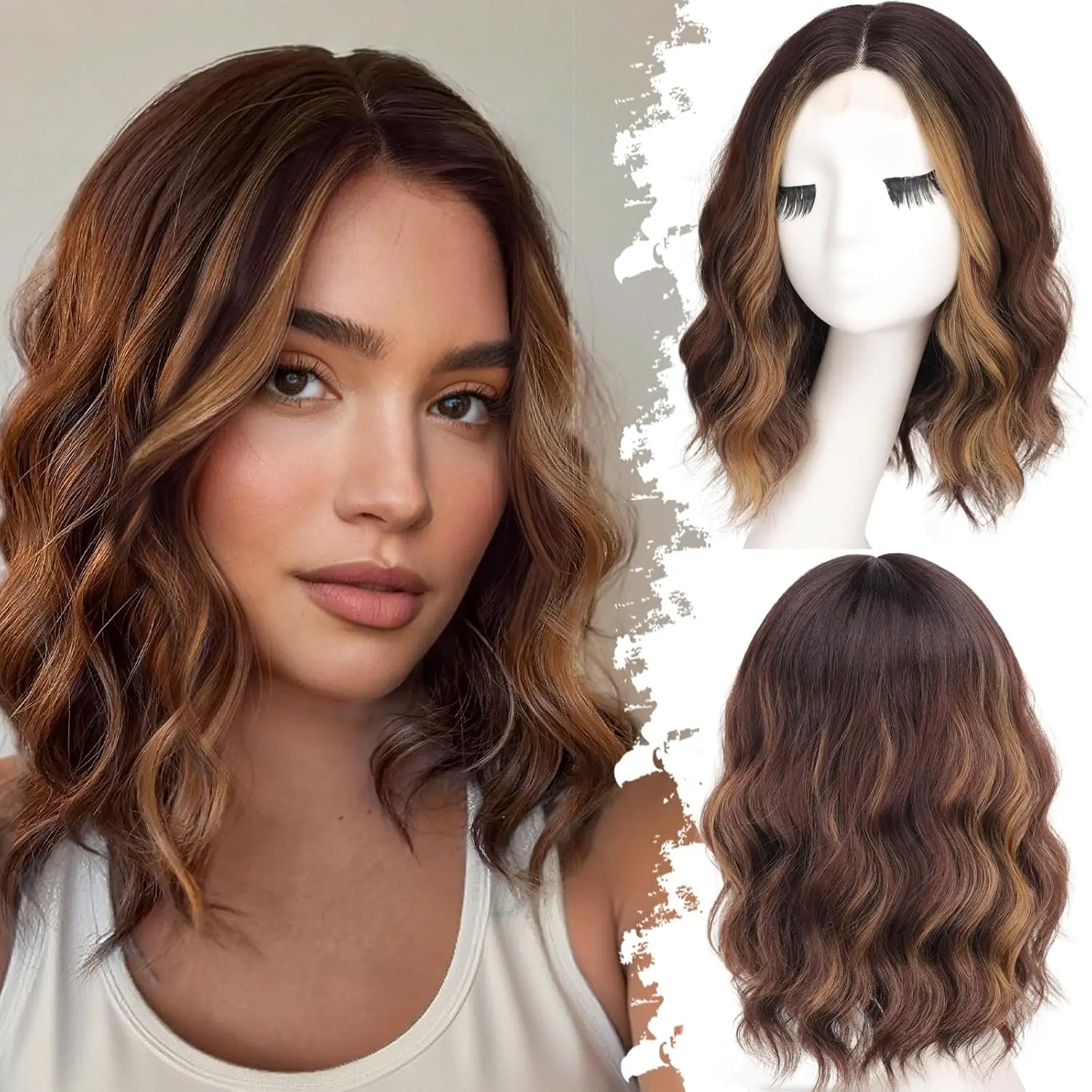 Dark Brown with Highlights Short Wavy Bob Glueless Synthetic Lace Front Wig for Women for Beginners 14 Inch Dark Brown with Highlights Short Wavy Bob Glueless Synthetic Lace Front Wig for Women for Beginners 14 Inch