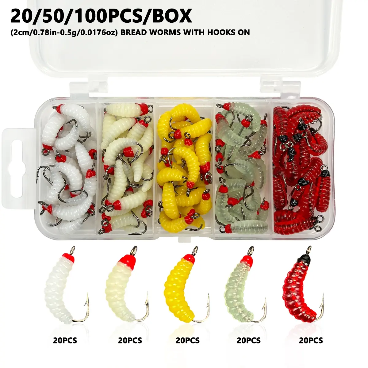 20/50/100pcs Fly Fishing Maggot Bait with Hooks, 2cm Soft Worm Fishing Lure for Outdoor Fishing Equipment, Insect Fly Bait, Artificial Fishing Lure, Fishing Stuff