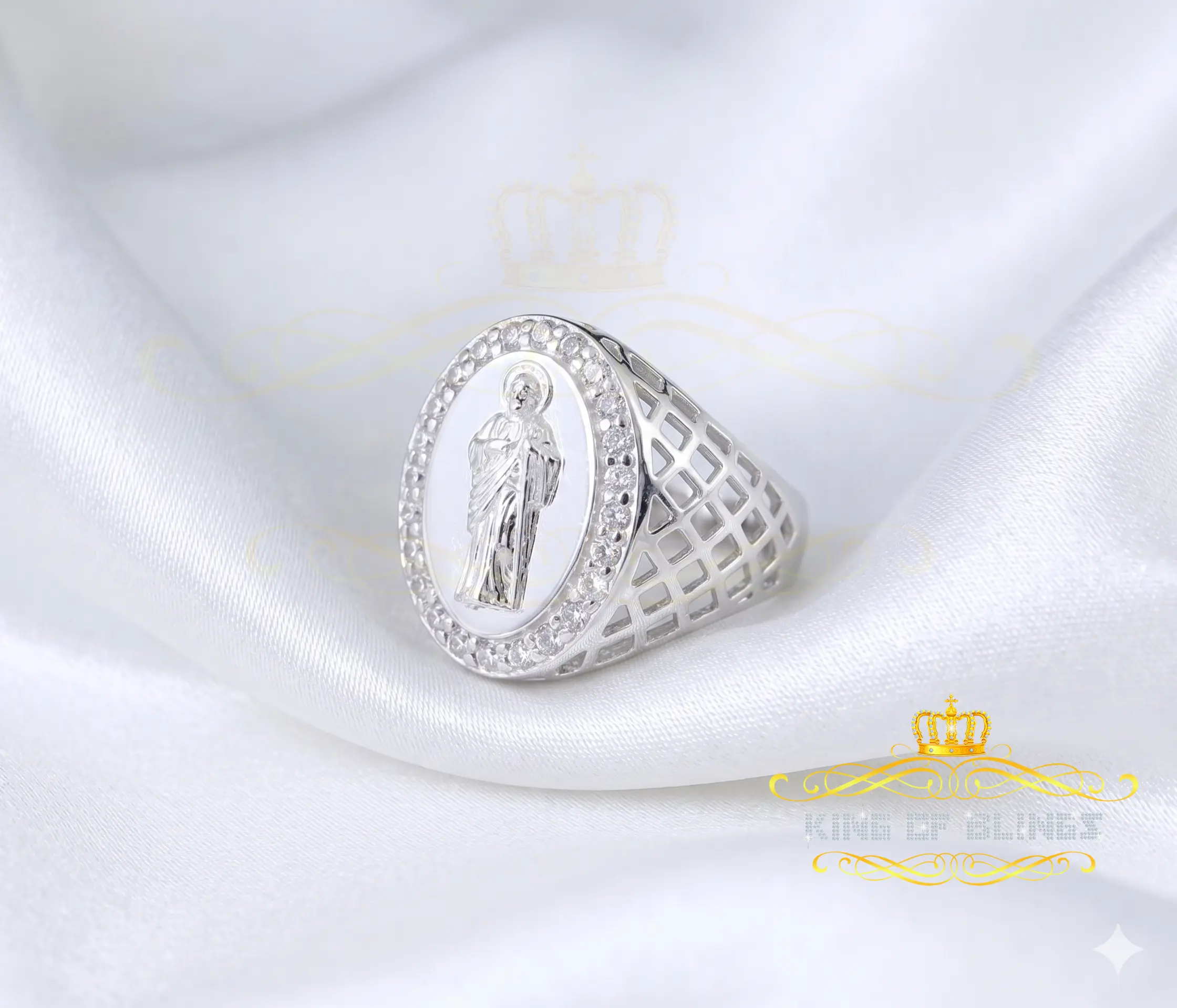 King Of Bling'sWhite Oval Shape CZ 925 Sterling Silver St Jude Fancy Women's Religious  Ring SZ 6.5