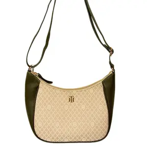Tommy Hilfiger Green and Cream Crossbody Bag with Monogram Design and Adjustable Strap for Everyday Use