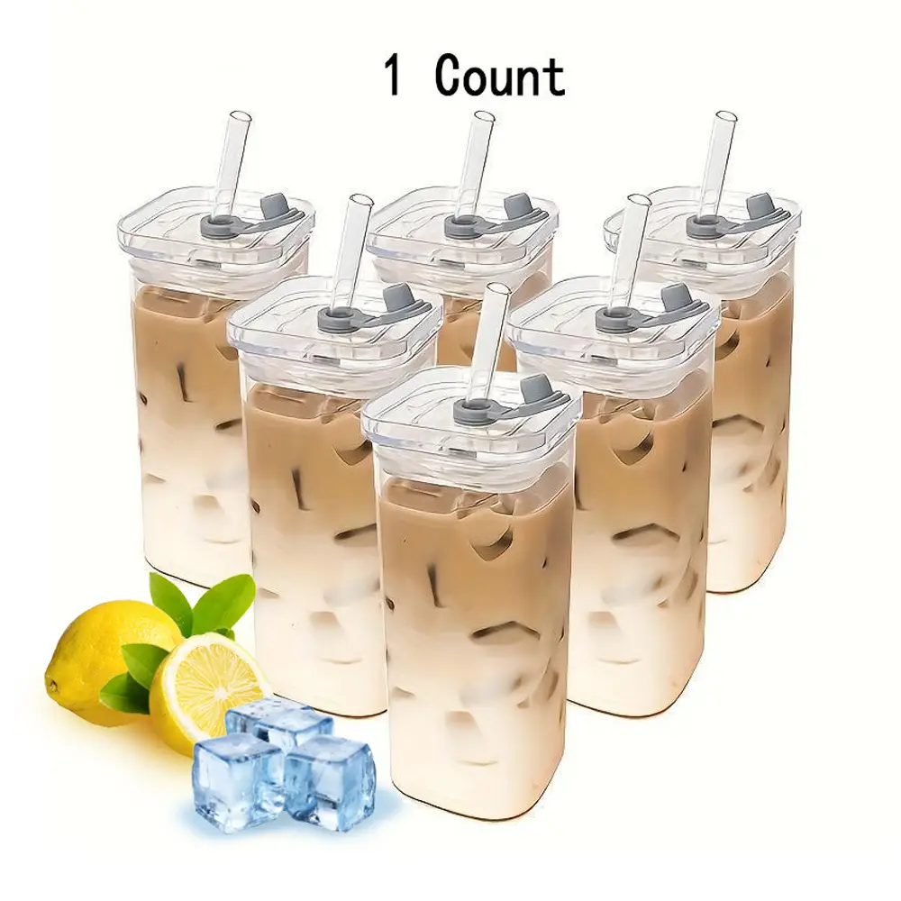 Glass Cup with Lid & Straw, 13oz Square Glass Cup, Reusable Glass Cup, Drinking Glassware for Beer, Tea, Cocktail, Whiskey, Juice, Drinkware