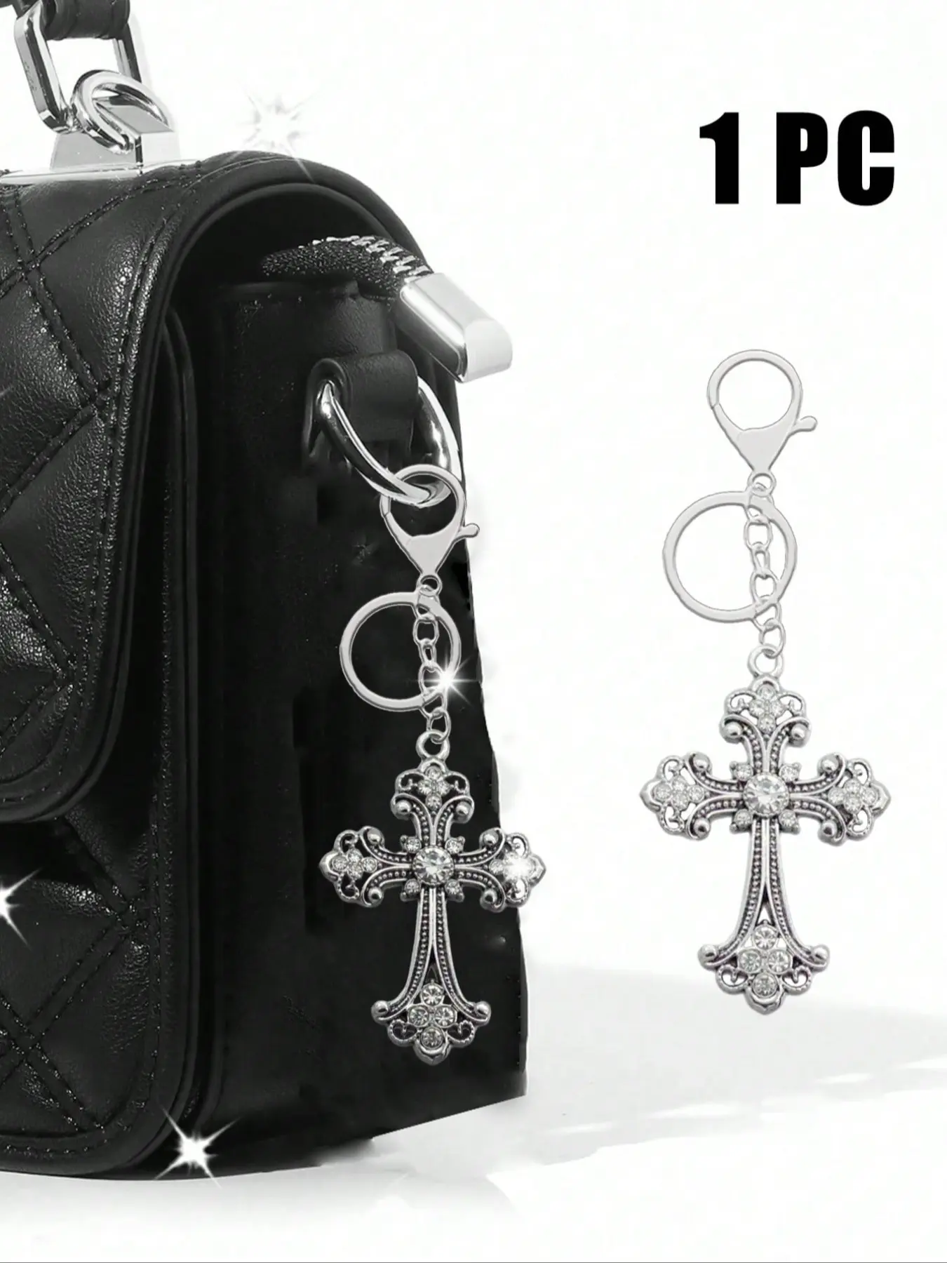 Cross rhinestone keychain, car pendant, cute crystal keychain for wallets, craft-inspired key ring/wallet charm, durable metal chain, alloy inlaid with rhinestones, suitable as a small gift, Key Accessories