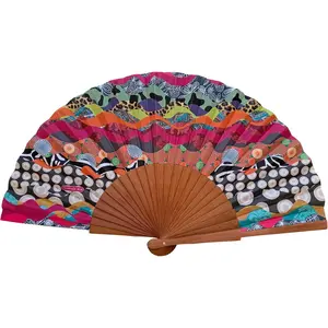 Spanish Wave Fan - Wood and Cotton - 23 cm - Jute Case and Cover - Fashion Accessory - Handmade in Spain - Events and Gifts - Patchwork Collection