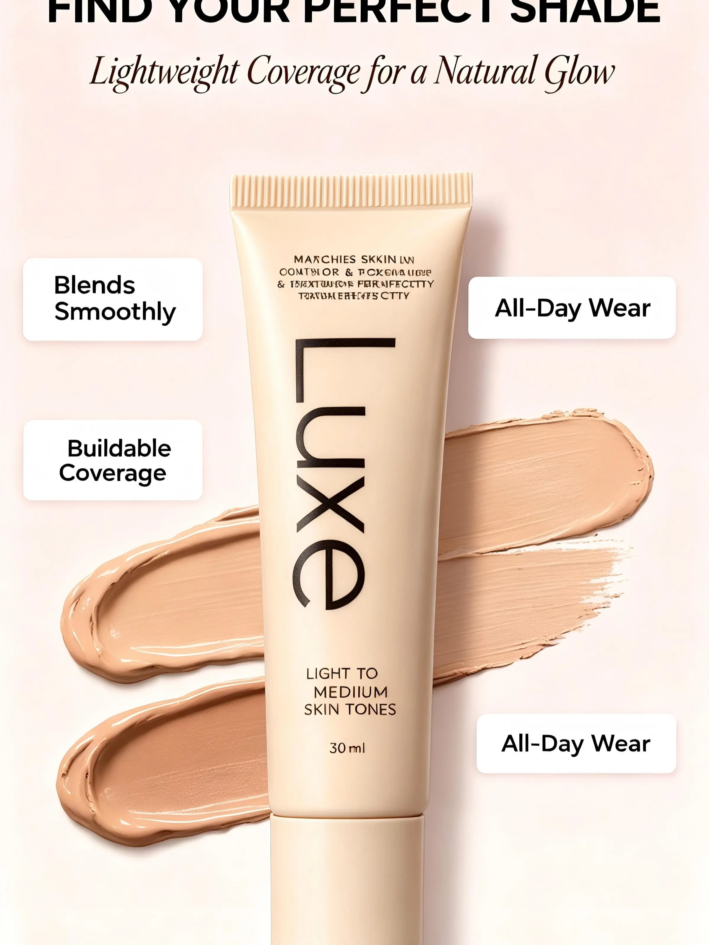 Luxurious Adaptive-Shade Foundation Cream—lightweight, hydrating daily base makeup infused with niacinamide and hyaluronic acid, 30ml.
