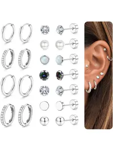 Hypoallergenic Stud Hoop Earrings for Women, Small Silver Color Hoops, Stainless Steel, Trendy Cartilage Jewelry Gift, Hoop Earring Sets