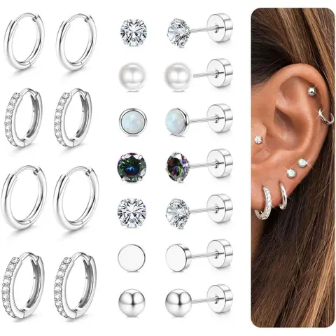 Hypoallergenic Stud Hoop Earrings for Women, Small Silver Color Hoops, Stainless Steel, Casual Trendy Jewelry, Cartilage Jewelry Gift, Earrings Set, Hoop Earring Sets, Earring Stacking Set