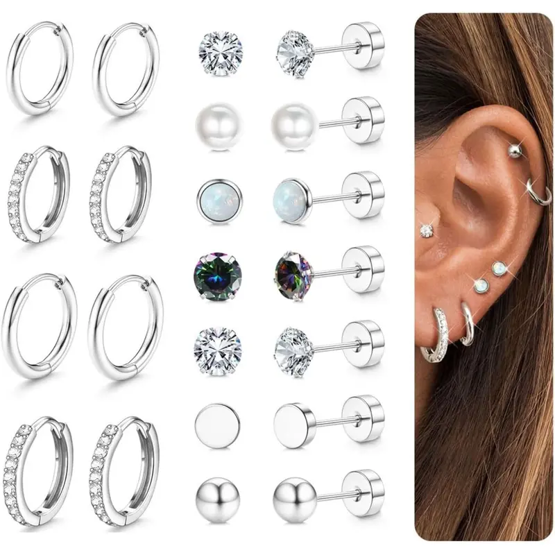 Hypoallergenic Stud Hoop Earrings for Women, Small Silver Color Hoops, Stainless Steel, Casual Trendy Jewelry, Cartilage Jewelry Gift, Earrings Set, Hoop Earring Sets, Earring Stacking Set