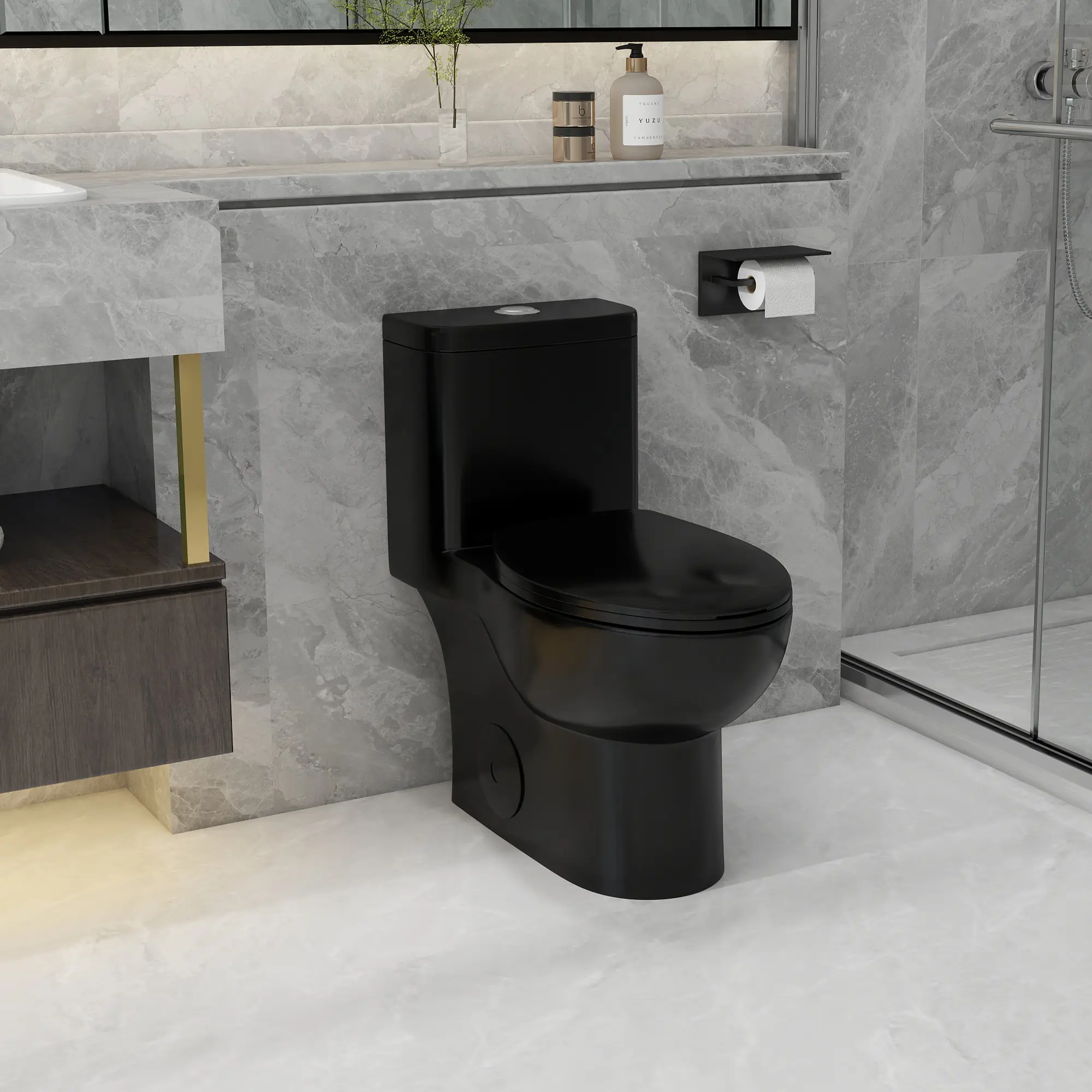 One-Piece Elongated Matte Black Ceramic Toilet, 17"ADA Comfort Height, WaterSense Tornado Siphonic Dual Flush 1.1/1.6 GPF, 12" S-Trap Rough-In, Quiet Soft-Close Seat