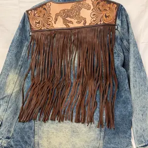 Tooled Leather Fringe Denim Jacket