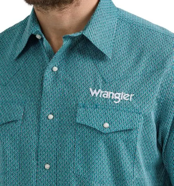 Wrangler® Men's Logo Long Sleeve Button Down Shirt, Teal