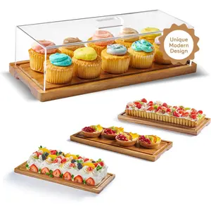 Cake Display with Lid - Acacia  Dessert Stand & Wooden Charcuterie Board with Lid for Loaf Cakes, Bread, Pastries, Cheese, Large Rectangle  Tray Platter &  Cover, 15 x 6.25"