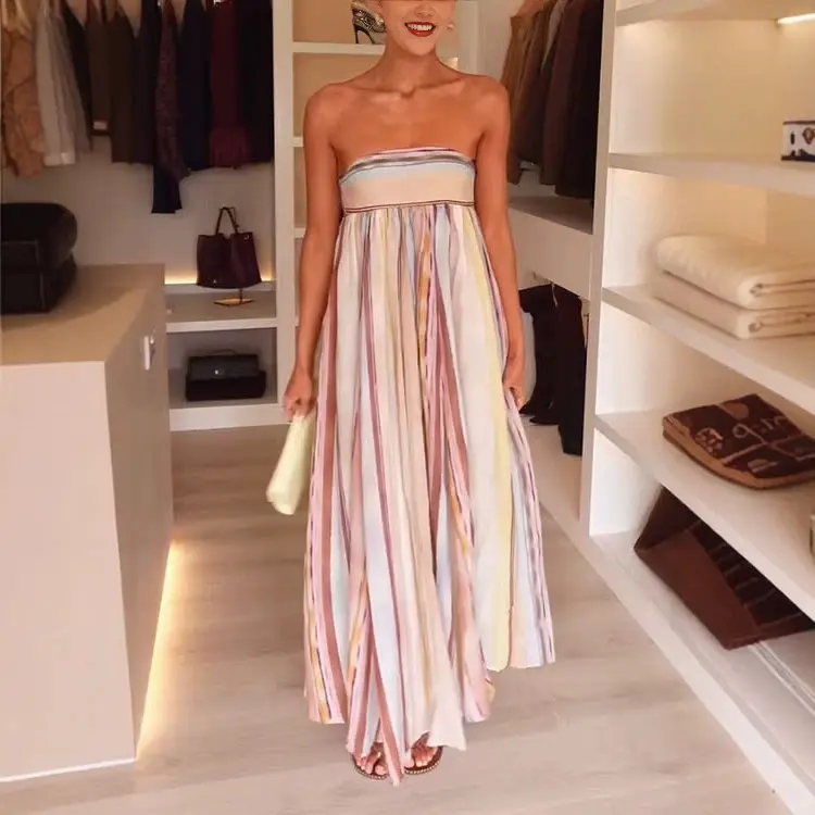 Women's Strapless Maxi Dress with Color Block Stripe Print, Leg-Lengthening Empire Waist, Light Woven Flowy Summer Dress with Elastic Bust and Matching Liner, Breathable, Gradient, Loose