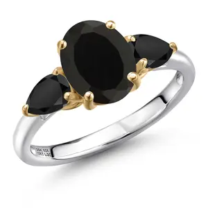 Gem Stone King 2.76 Cttw Black Onyx 3-Stone Engagement Ring For Women | 925 Silver and 10K Yellow Gold | Oval 9X7MM and Pear Shape 6X4MM | Three Stone Wedding Anniversary Promise Ring