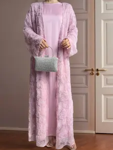 Women's Elegant Mesh Floral Beaded abaya Set, Includes Matching Dress, Perfect for Spring & Fall Fashion, Msl881 Collection