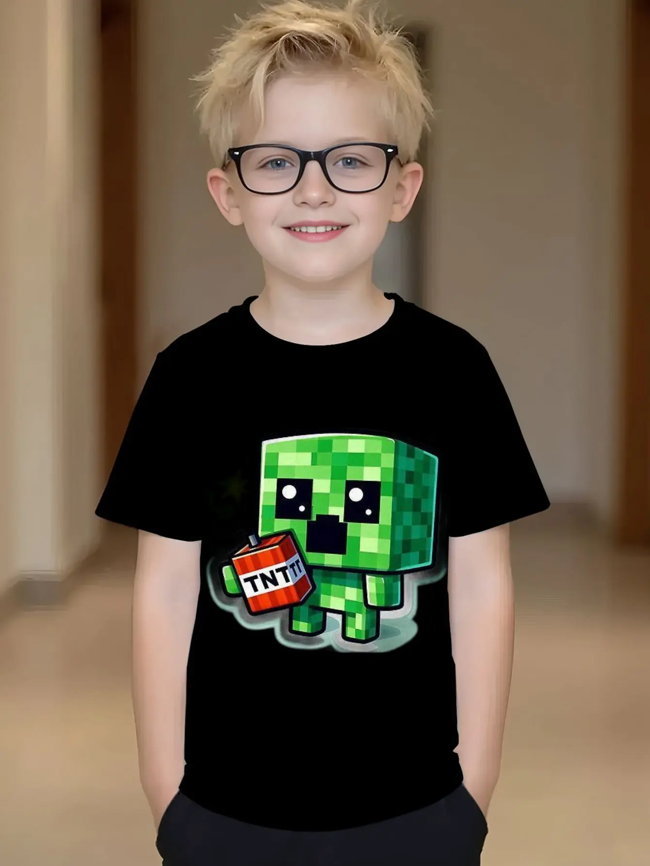 Boys Pixel Monster Graphic T-Shirt - Gaming Style Short Sleeve Tee