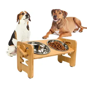 Bamboo and wood Dog Bowl Stand, 1 Set Adjustable Height Dog Bowl with 2 Stainless Steel Bowl, Non-slip Pet Feeding Supplies for Small Dogs & Cats