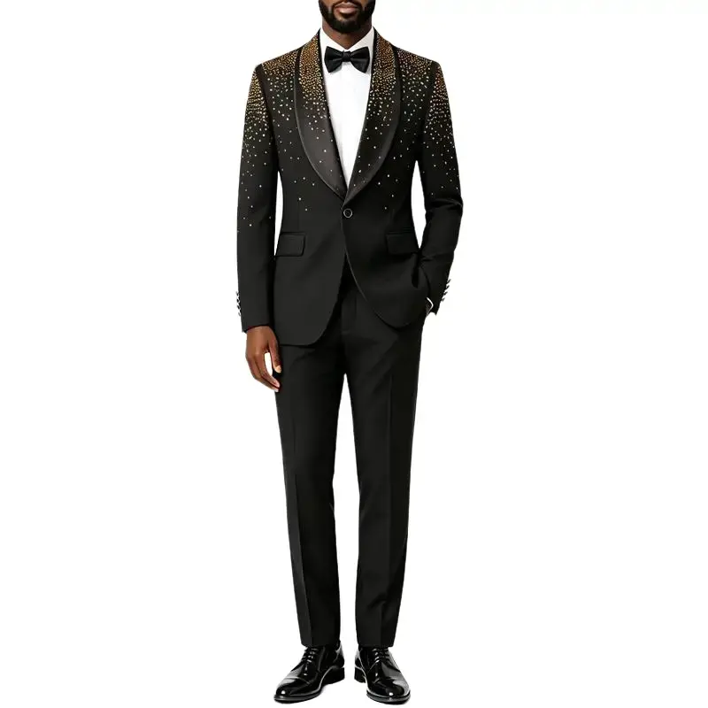 Men's Hotfix Rhinestone 2-Piece Tuxedo Set - Shawl Lapel, Single Breasted, 1-Button Jacket & Trousers for Wedding, Evening Party Breathable Classic