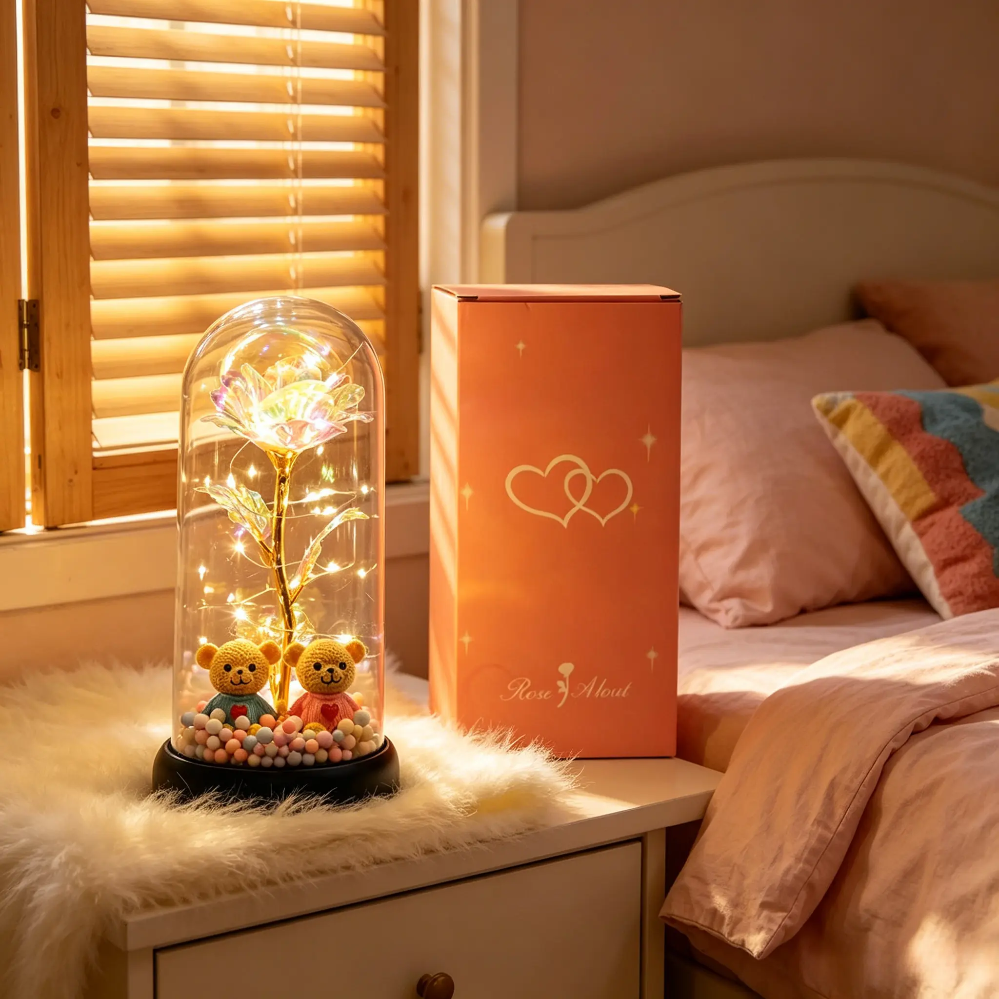 Indoor LED Fairy Light Glass Dome Decor with Colorful Gold Galaxy Rose, Cute Teddy Bear - Romantic Gift for Weddings, Valentine’s Day