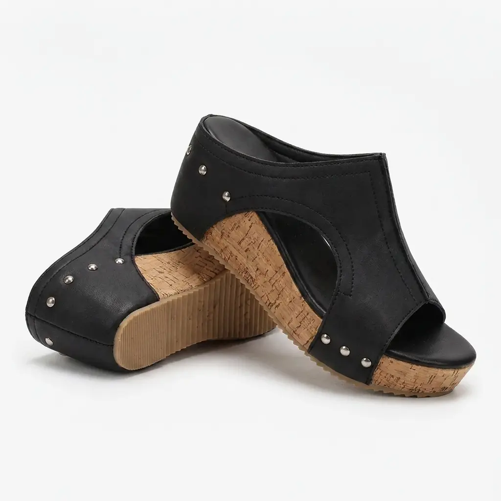 Northend Women's Lumi Stud Wedges - Open Toed Faux Leather Slip-On Stud Detail Platform Sandals, Breathable PU, Orthopedic Arch Support, Cushioned Heels