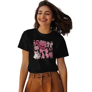 Cute Ghost shirt - Black T-Shirt with Pink Ghost Design and Floral Patterns for Adorable Style Top Womenswear halloween happy