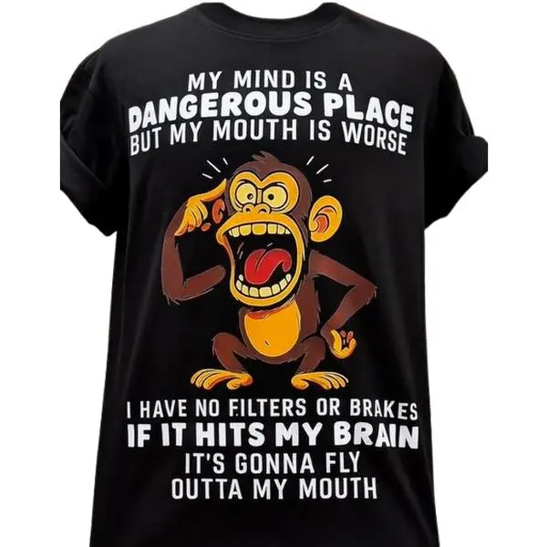 Funny "My Mind Is A Dangerous Place" Monkey Graphic T-Shirt, Sarcastic No Filter Quote Cotton Oversized Comfort Outfit, Humorous Cartoon Fashion Tee, Casual Crew Neck Black Short Sleeve Top, Perfect Valentine’s Day & Holiday Gift For Him