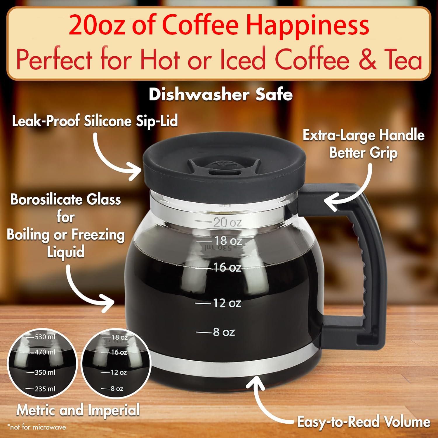 Tiny Brew 20 oz Glass Coffee Mug with Lid, Heat-Resistant Coffee Pot-Shaped Cup with Measurement Marks and Ergonomic Handle, Novelty Gift for Coffee Lovers