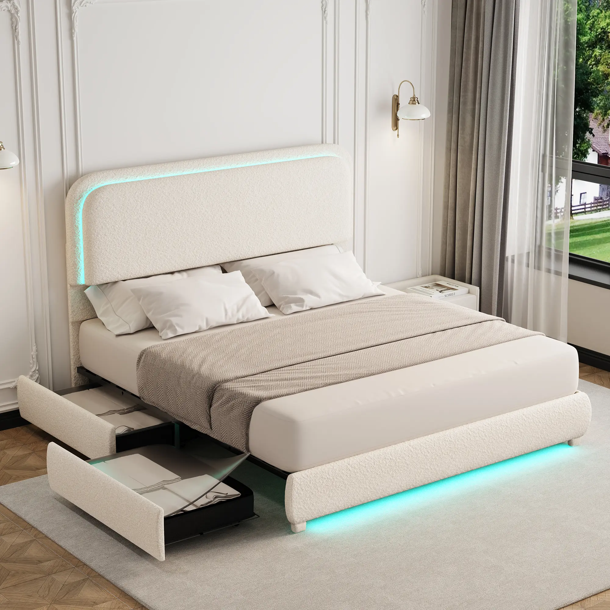 [Summerwins] Sibeds Queen Size LED Bed Frame with 2 Drawers, Teddy Fleece Rounded Corner Upholstered Platform Bedframe with Headboard, Modern Style, No Box Spring Needed, Noise Free, Easy Assembly, Cream/Pink